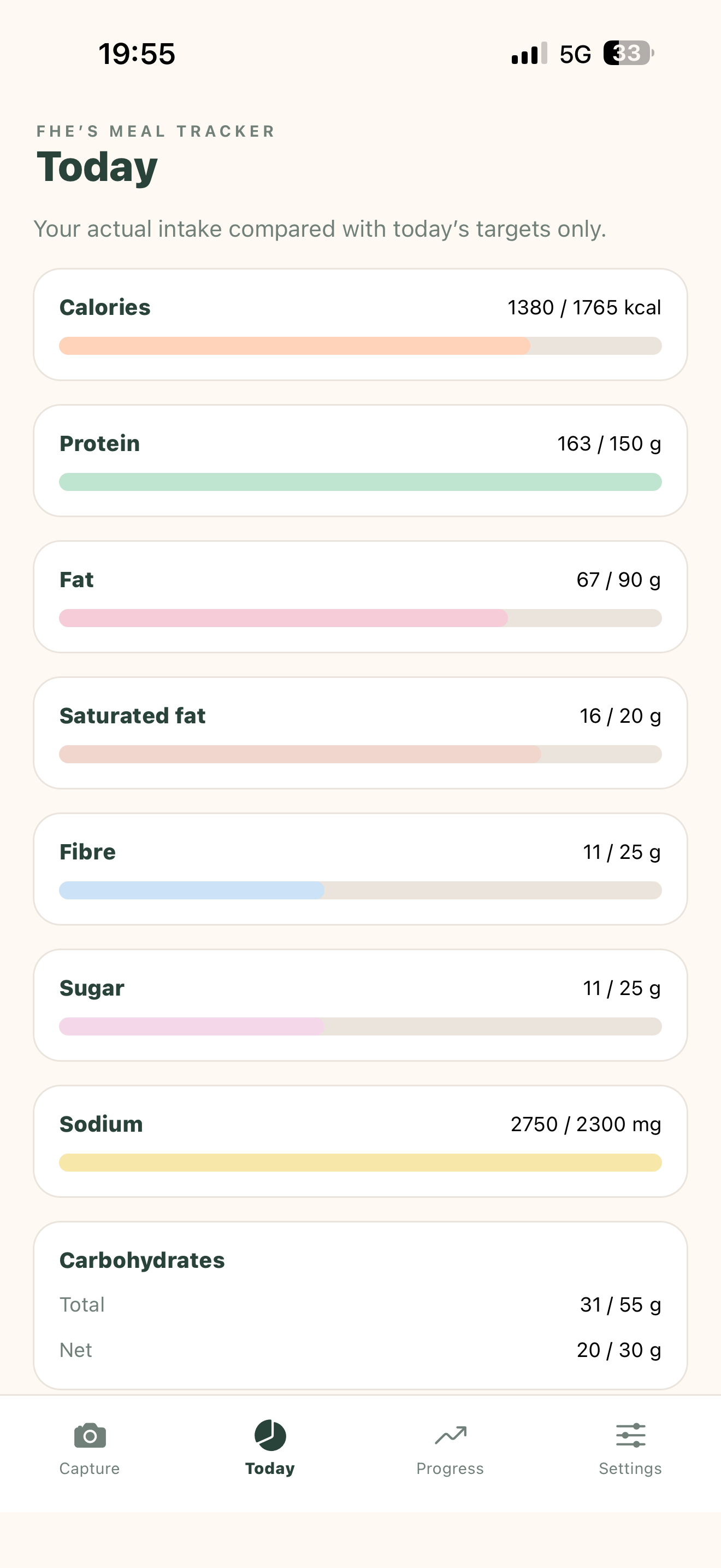 FHE's Meal Tracker daily nutrition tracker with progress bars for calories, protein and fat